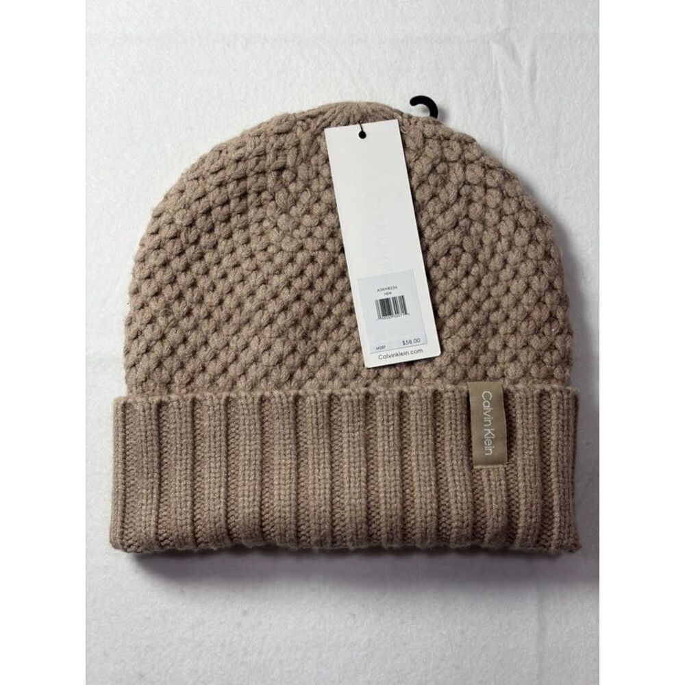 NWT Calvin Klein Chunky Cable Knit Fleece Lined Beanie Hat Beige Taupe Tan O/S